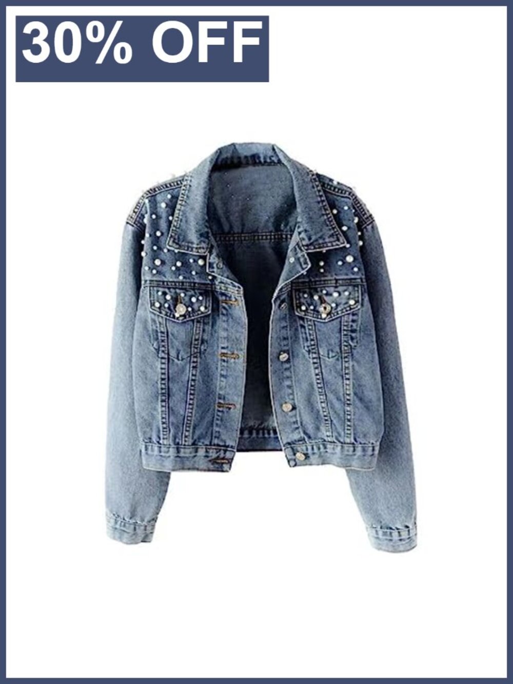 Oversize Pearl Sequin Embroidered Ripped Distressed Denim Jacket Long Sleeve